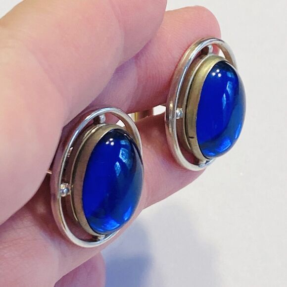 Vintage Anson Cufflinks Silvertone & Blue Jelly Belly Polished Stone Centers - Picture 4 of 8